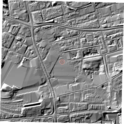 Shaded relief map of the ground around HU28PS, computed from Environment Agency LiDAR. The ground here sits at about 3 m above sea level and falls 5 m across the surrounding 800 m. Surface water reaching this point runs off ground lying to the south-east, 3.1 m higher.