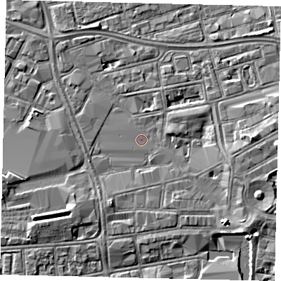 Shaded relief map of the ground around HU28PU, computed from Environment Agency LiDAR. The ground here sits at about 3 m above sea level and falls 5 m across the surrounding 800 m. Surface water reaching this point runs off ground lying to the south-east, 0.9 m higher.