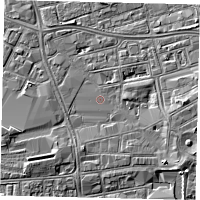 Shaded relief map of the ground around HU28PW, computed from Environment Agency LiDAR. The ground here sits at about 3 m above sea level and falls 5 m across the surrounding 800 m. The ground contributing surface water to this point lies to the east-south-east.