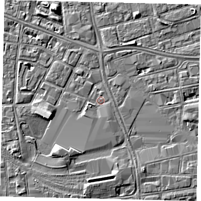 Shaded relief map of the ground around HU28QL, computed from Environment Agency LiDAR. The ground here sits at about 2 m above sea level and falls 5 m across the surrounding 800 m. Surface water reaching this point runs off ground lying to the west-south-west, 1.3 m higher.