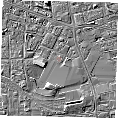 Shaded relief map of the ground around HU28QS, computed from Environment Agency LiDAR. The ground here sits at about 2 m above sea level and falls 5 m across the surrounding 800 m. The ground contributing surface water to this point lies to the south.