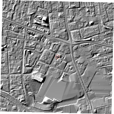 Shaded relief map of the ground around HU28RA, computed from Environment Agency LiDAR. The ground here sits at about 2 m above sea level and falls 5 m across the surrounding 800 m. Surface water reaching this point runs off ground lying to the east-north-east, 1.0 m higher.
