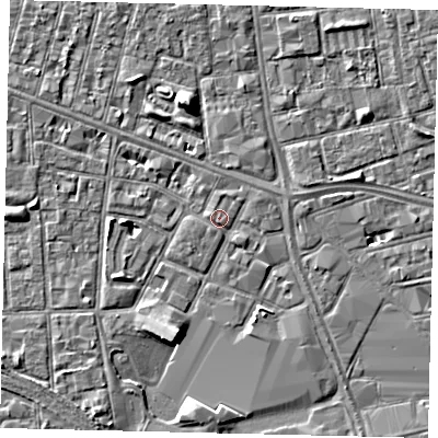 Shaded relief map of the ground around HU28RD, computed from Environment Agency LiDAR. The ground here sits at about 3 m above sea level and falls 5 m across the surrounding 800 m. The ground contributing surface water to this point lies to the south-south-east.