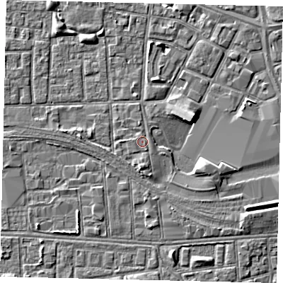Shaded relief map of the ground around HU28RR, computed from Environment Agency LiDAR. The ground here sits at about 3 m above sea level and falls 5 m across the surrounding 800 m. The ground contributing surface water to this point lies to the west.