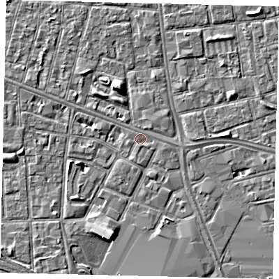Shaded relief map of the ground around HU28SH, computed from Environment Agency LiDAR. The ground here sits at about 2 m above sea level and falls 5 m across the surrounding 800 m. Surface water reaching this point runs off ground lying to the east-south-east, 0.7 m higher.