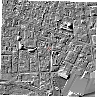 Shaded relief map of the ground around HU28TA, computed from Environment Agency LiDAR. The ground here sits at about 2 m above sea level and falls 5 m across the surrounding 800 m. Surface water reaching this point runs off ground lying to the west, 1.2 m higher.