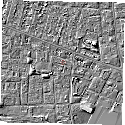 Shaded relief map of the ground around HU28TB, computed from Environment Agency LiDAR. The ground here sits at about 2 m above sea level and falls 5 m across the surrounding 800 m. Surface water reaching this point runs off ground lying to the south-west, 1.1 m higher.