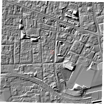 Shaded relief map of the ground around HU28TD, computed from Environment Agency LiDAR. The ground here sits at about 2 m above sea level and falls 5 m across the surrounding 800 m. Surface water reaching this point runs off ground lying to the south, 1.1 m higher.