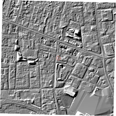 Shaded relief map of the ground around HU28TH, computed from Environment Agency LiDAR. The ground here sits at about 2 m above sea level and falls 5 m across the surrounding 800 m. Surface water reaching this point runs off ground lying to the north-east, 1.9 m higher.