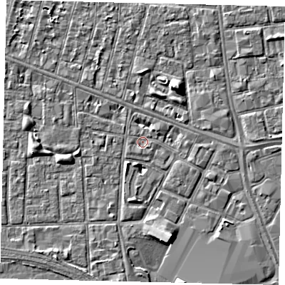 Shaded relief map of the ground around HU28TJ, computed from Environment Agency LiDAR. The ground here sits at about 2 m above sea level and falls 5 m across the surrounding 800 m. Surface water reaching this point runs off ground lying to the north-east, 1.4 m higher.