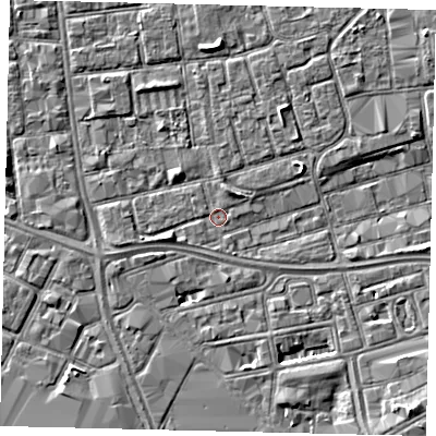 Shaded relief map of the ground around HU29AB, computed from Environment Agency LiDAR. The ground here sits at about 2 m above sea level and falls 5 m across the surrounding 800 m. Surface water reaching this point runs off ground lying to the north-north-east, 1.2 m higher.