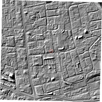Shaded relief map of the ground around HU29AY, computed from Environment Agency LiDAR. The ground here sits at about 2 m above sea level and falls 6 m across the surrounding 800 m. Surface water reaching this point runs off ground lying to the east, 1.8 m higher.