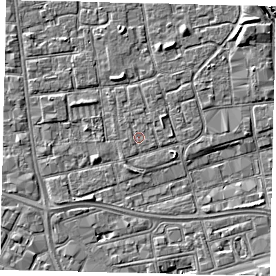 Shaded relief map of the ground around HU29JH, computed from Environment Agency LiDAR. The ground here sits at about 2 m above sea level and falls 5 m across the surrounding 800 m. The ground contributing surface water to this point lies to the north-north-west.