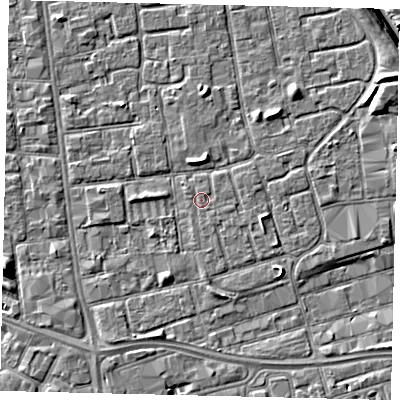 Shaded relief map of the ground around HU29JR, computed from Environment Agency LiDAR. The ground here sits at about 2 m above sea level and falls 7 m across the surrounding 800 m. Surface water reaching this point runs off ground lying to the south, 0.5 m higher.