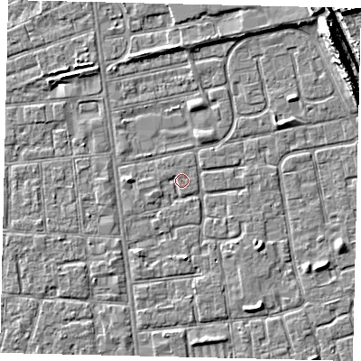 Shaded relief map of the ground around HU29PB, computed from Environment Agency LiDAR. The ground here sits at about 2 m above sea level and falls 11 m across the surrounding 800 m. Surface water reaching this point runs off ground lying to the south, 1.6 m higher.