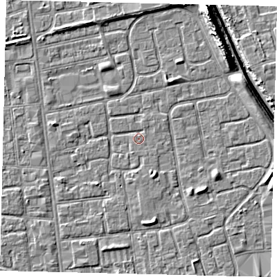 Shaded relief map of the ground around HU29PD, computed from Environment Agency LiDAR. The ground here sits at about 2 m above sea level and falls 11 m across the surrounding 800 m. The ground contributing surface water to this point lies to the south-south-east.