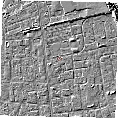 Shaded relief map of the ground around HU29PF, computed from Environment Agency LiDAR. The ground here sits at about 2 m above sea level and falls 11 m across the surrounding 800 m. Surface water reaching this point runs off ground lying to the north-west, 0.6 m higher.