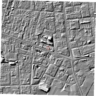 Shaded relief map of the ground around HU31AB, computed from Environment Agency LiDAR. The ground here sits at about 2 m above sea level and falls 5 m across the surrounding 800 m. Surface water reaching this point runs off ground lying to the north-east, 1.7 m higher.