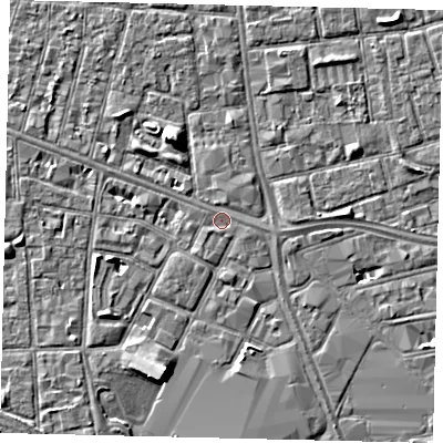 Shaded relief map of the ground around HU31AF, computed from Environment Agency LiDAR. The ground here sits at about 2 m above sea level and falls 5 m across the surrounding 800 m. Surface water reaching this point runs off ground lying to the east-south-east, 0.7 m higher.