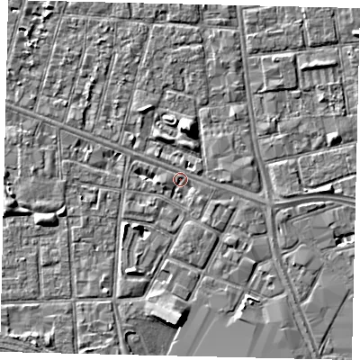 Shaded relief map of the ground around HU31AG, computed from Environment Agency LiDAR. The ground here sits at about 2 m above sea level and falls 5 m across the surrounding 800 m. Surface water reaching this point runs off ground lying to the west-south-west, 1.4 m higher.