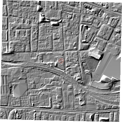Shaded relief map of the ground around HU31AT, computed from Environment Agency LiDAR. The ground here sits at about 2 m above sea level and falls 5 m across the surrounding 800 m. The ground contributing surface water to this point lies to the south.
