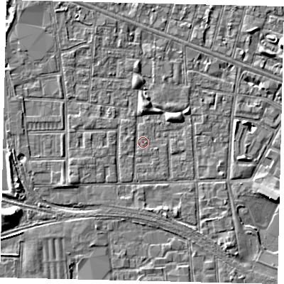Shaded relief map of the ground around HU31BX, computed from Environment Agency LiDAR. The ground here sits at about 2 m above sea level and falls 7 m across the surrounding 800 m. Surface water reaching this point runs off ground lying to the west-south-west, 3.3 m higher.