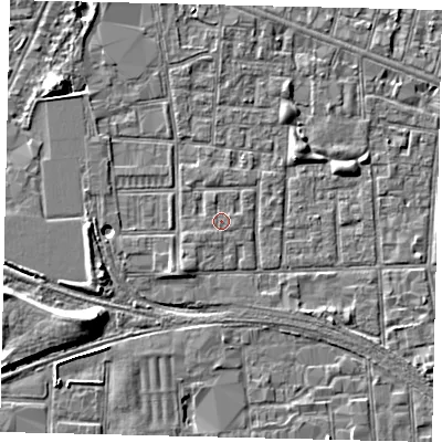 Shaded relief map of the ground around HU31DA, computed from Environment Agency LiDAR. The ground here sits at about 2 m above sea level and falls 7 m across the surrounding 800 m. Surface water reaching this point runs off ground lying to the north-north-west, 0.6 m higher.