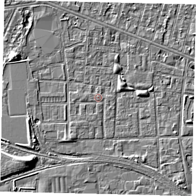 Shaded relief map of the ground around HU31DF, computed from Environment Agency LiDAR. The ground here sits at about 2 m above sea level and falls 7 m across the surrounding 800 m. Surface water reaching this point runs off ground lying to the south-west, 1.3 m higher.