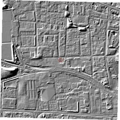 Shaded relief map of the ground around HU31DP, computed from Environment Agency LiDAR. The ground here sits at about 2 m above sea level and falls 7 m across the surrounding 800 m. Surface water reaching this point runs off ground lying to the west, 2.0 m higher.