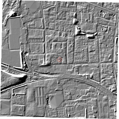 Shaded relief map of the ground around HU31DR, computed from Environment Agency LiDAR. The ground here sits at about 2 m above sea level and falls 7 m across the surrounding 800 m. Surface water reaching this point runs off ground lying to the west-south-west, 1.7 m higher.