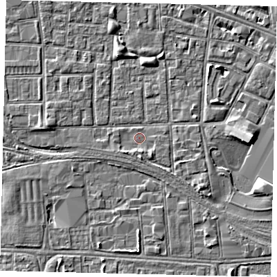 Shaded relief map of the ground around HU31DS, computed from Environment Agency LiDAR. The ground here sits at about 2 m above sea level and falls 5 m across the surrounding 800 m. Surface water reaching this point runs off ground lying to the south-west, 1.2 m higher.