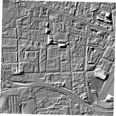 Shaded relief map of the ground around HU31DU, computed from Environment Agency LiDAR. The ground here sits at about 2 m above sea level and falls 5 m across the surrounding 800 m. Surface water reaching this point runs off ground lying to the west-south-west, 2.3 m higher.