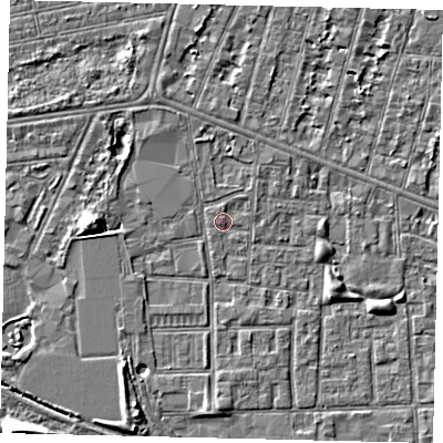 Shaded relief map of the ground around HU31EJ, computed from Environment Agency LiDAR. The ground here sits at about 2 m above sea level and falls 8 m across the surrounding 800 m. Surface water reaching this point runs off ground lying to the west, 4.7 m higher.
