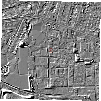 Shaded relief map of the ground around HU31EN, computed from Environment Agency LiDAR. The ground here sits at about 2 m above sea level and falls 8 m across the surrounding 800 m. Surface water reaching this point runs off ground lying to the south, 0.7 m higher.