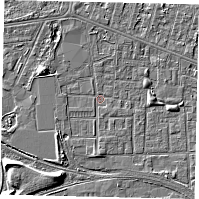 Shaded relief map of the ground around HU31EX, computed from Environment Agency LiDAR. The ground here sits at about 2 m above sea level and falls 8 m across the surrounding 800 m. Surface water reaching this point runs off ground lying to the south-west, 3.6 m higher.