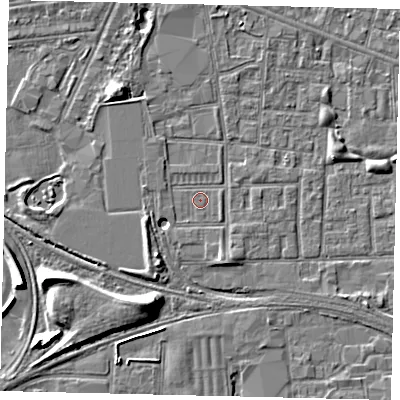 Shaded relief map of the ground around HU31HD, computed from Environment Agency LiDAR. The ground here sits at about 2 m above sea level and falls 8 m across the surrounding 800 m. Surface water reaching this point runs off ground lying to the south-west, 3.6 m higher.