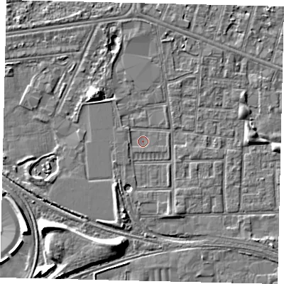 Shaded relief map of the ground around HU31JR, computed from Environment Agency LiDAR. The ground here sits at about 2 m above sea level and falls 8 m across the surrounding 800 m. The ground contributing surface water to this point lies to the south.