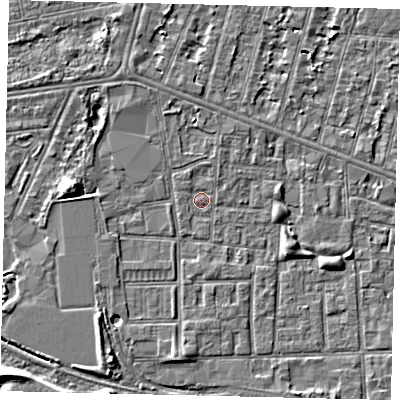 Shaded relief map of the ground around HU31JY, computed from Environment Agency LiDAR. The ground here sits at about 2 m above sea level and falls 8 m across the surrounding 800 m. Surface water reaching this point runs off ground lying to the south-south-west, 3.6 m higher.