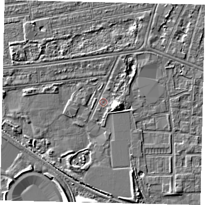 Shaded relief map of the ground around HU31LL, computed from Environment Agency LiDAR. The ground here sits at about 2 m above sea level and falls 8 m across the surrounding 800 m. Surface water reaching this point runs off ground lying to the east-south-east, 3.2 m higher.
