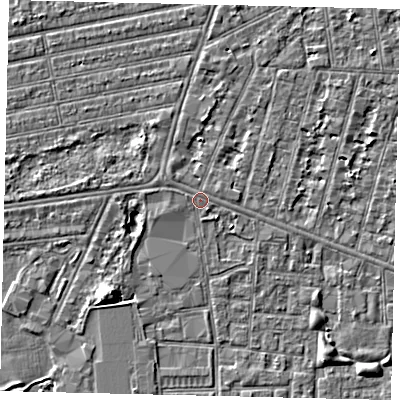 Shaded relief map of the ground around HU31LR, computed from Environment Agency LiDAR. The ground here sits at about 2 m above sea level and falls 5 m across the surrounding 800 m. Surface water reaching this point runs off ground lying to the west-north-west, 0.5 m higher.