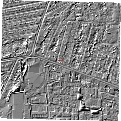 Shaded relief map of the ground around HU31NR, computed from Environment Agency LiDAR. The ground here sits at about 2 m above sea level and falls 5 m across the surrounding 800 m. Surface water reaching this point runs off ground lying to the west, 0.7 m higher.