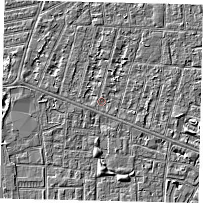 Shaded relief map of the ground around HU31PH, computed from Environment Agency LiDAR. The ground here sits at about 2 m above sea level and falls 4 m across the surrounding 800 m. Surface water reaching this point runs off ground lying to the north, 0.7 m higher.