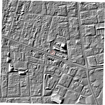 Shaded relief map of the ground around HU31QA, computed from Environment Agency LiDAR. The ground here sits at about 2 m above sea level and falls 5 m across the surrounding 800 m. Surface water reaching this point runs off ground lying to the east-north-east, 2.0 m higher.
