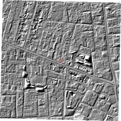 Shaded relief map of the ground around HU31QH, computed from Environment Agency LiDAR. The ground here sits at about 2 m above sea level and falls 5 m across the surrounding 800 m. The ground contributing surface water to this point lies to the south-east.
