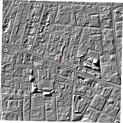 Shaded relief map of the ground around HU31QJ, computed from Environment Agency LiDAR. The ground here sits at about 2 m above sea level and falls 5 m across the surrounding 800 m. The ground contributing surface water to this point lies to the east-south-east.