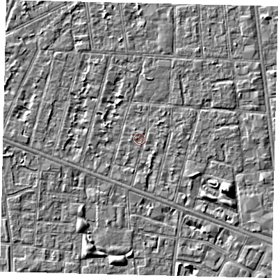 Shaded relief map of the ground around HU31QL, computed from Environment Agency LiDAR. The ground here sits at about 2 m above sea level and falls 5 m across the surrounding 800 m. Surface water reaching this point runs off ground lying to the south, 1.0 m higher.