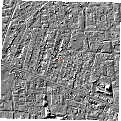Shaded relief map of the ground around HU31QR, computed from Environment Agency LiDAR. The ground here sits at about 2 m above sea level and falls 5 m across the surrounding 800 m. Surface water reaching this point runs off ground lying to the east-south-east, 1.6 m higher.