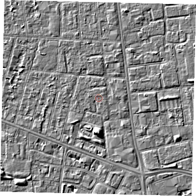 Shaded relief map of the ground around HU31RP, computed from Environment Agency LiDAR. The ground here sits at about 2 m above sea level and falls 5 m across the surrounding 800 m. Surface water reaching this point runs off ground lying to the south, 4.6 m higher.