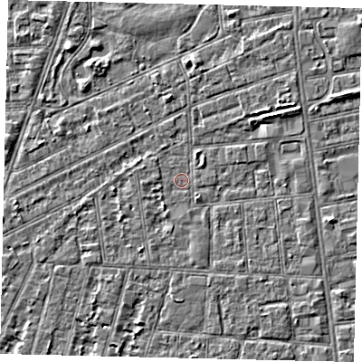 Shaded relief map of the ground around HU31TE, computed from Environment Agency LiDAR. The ground here sits at about 2 m above sea level and falls 3 m across the surrounding 800 m. Surface water reaching this point runs off ground lying to the east-north-east, 1.6 m higher.