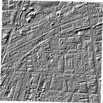 Shaded relief map of the ground around HU31TF, computed from Environment Agency LiDAR. The ground here sits at about 2 m above sea level and falls 3 m across the surrounding 800 m. Surface water reaching this point runs off ground lying to the east-north-east, 1.6 m higher.